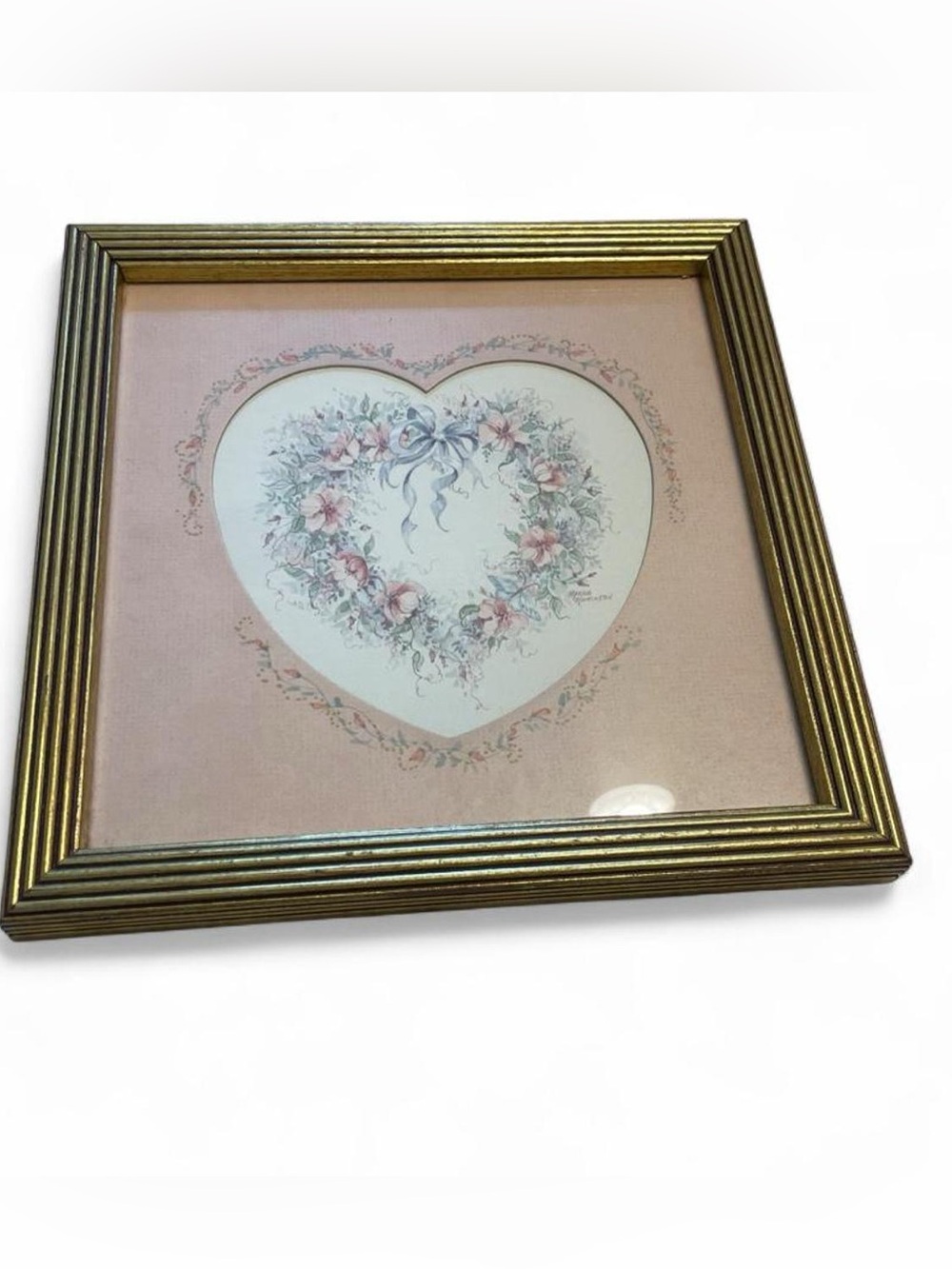 Vintage Heart Floral Pink Gold Framed Picture Margie Whittington Wall Hanging